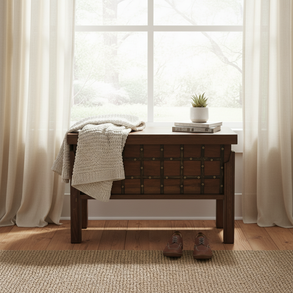 Sandook Metal Accent Storage Box made of wood with metal detailing, styled in a cozy living space with a knitted throw, books, and a small plant on top.