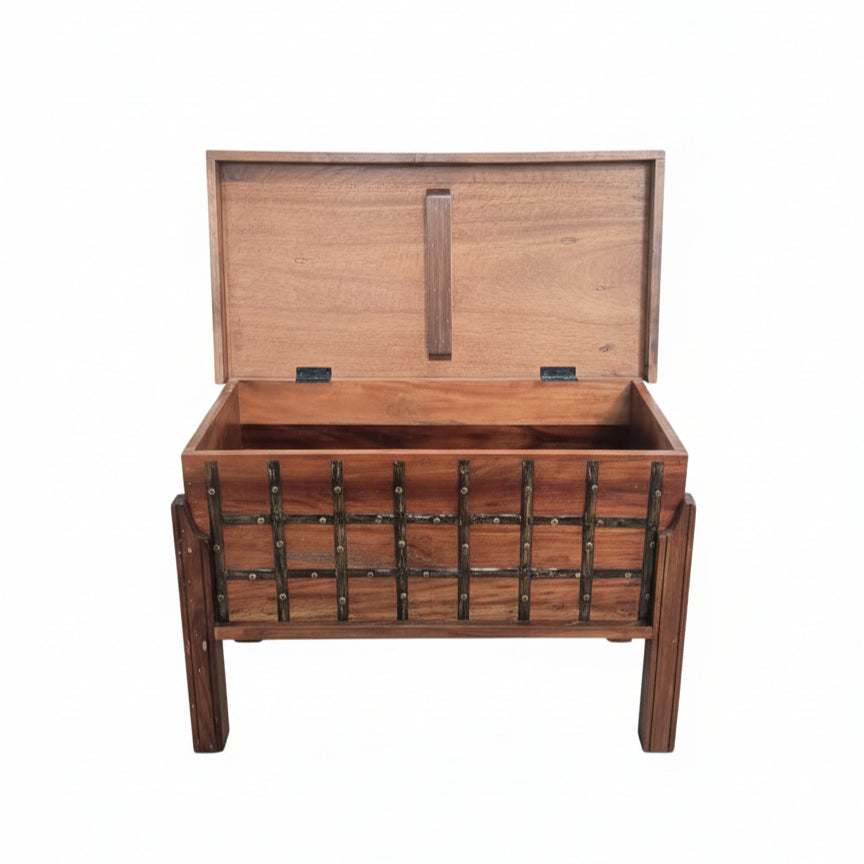 Sandook Metal Accent Storage Box showcasing a wooden handcrafted design with metal accents on a raised stand, ideal for decor and practical storage.
