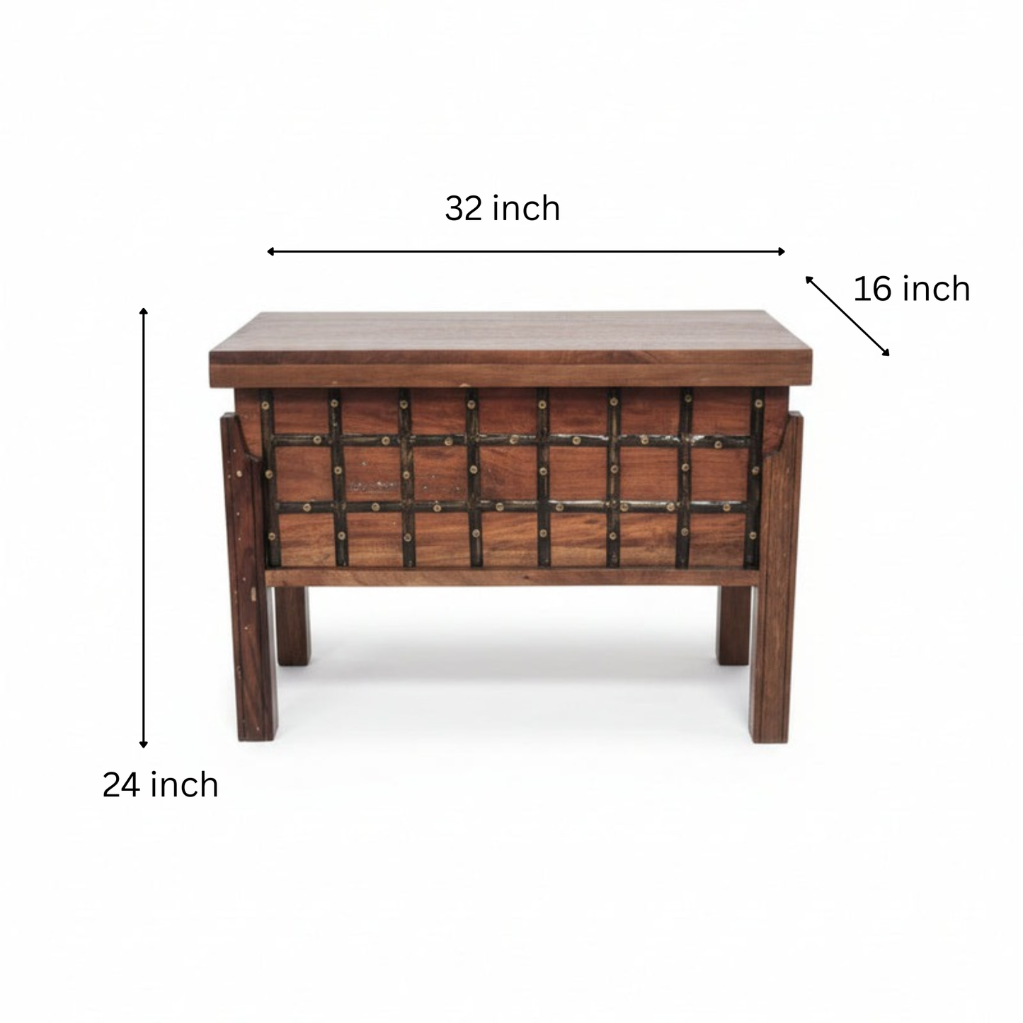 Wooden storage box with metal accents featuring a handcrafted tribal design, blending rustic decor and durable craftsmanship for unique home storage solutions.