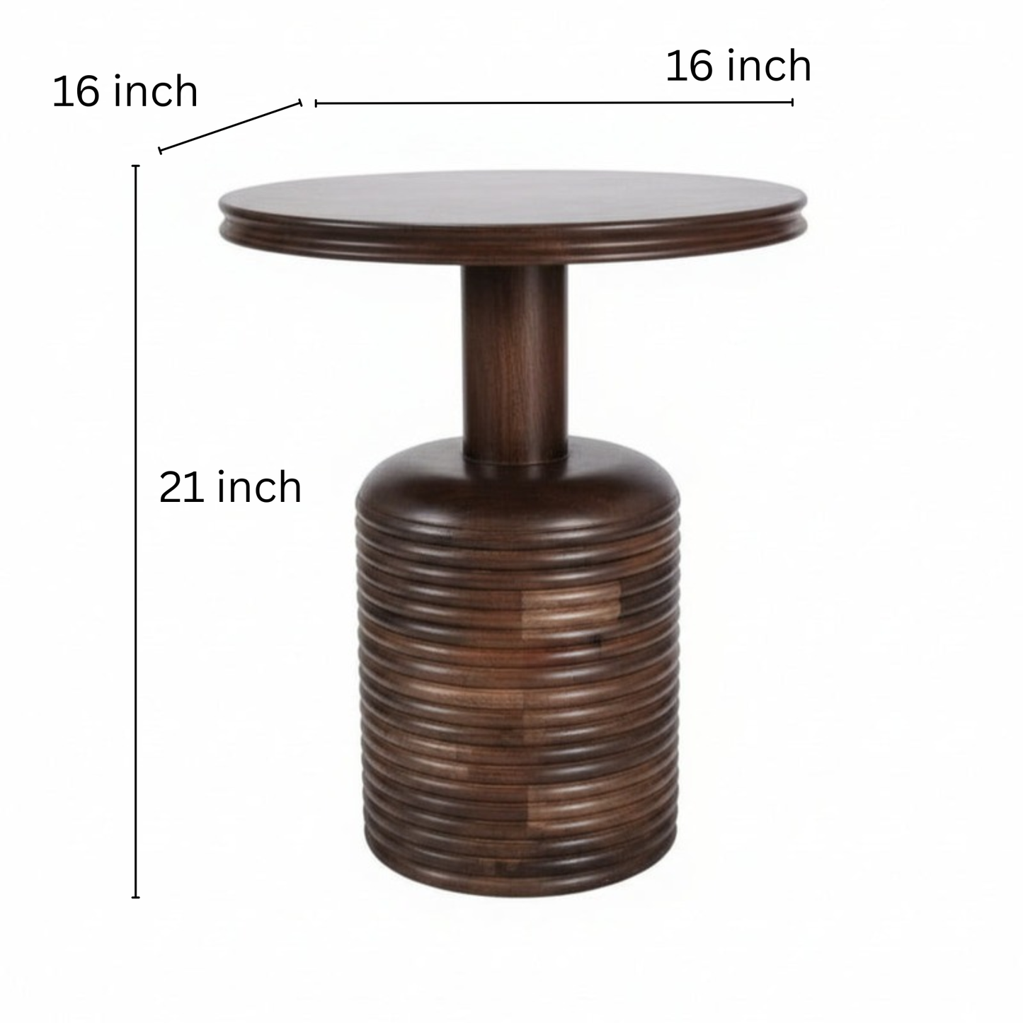 Handcrafted round wooden side table with ribbed base, tribal-inspired design
