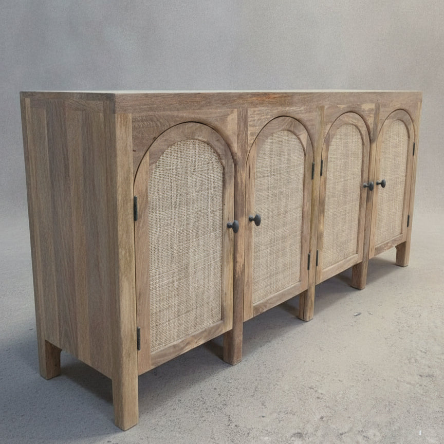 Solid wood sideboard featuring handcrafted rattan cane panels with arched designs, blending natural textures for rustic and elegant decor.