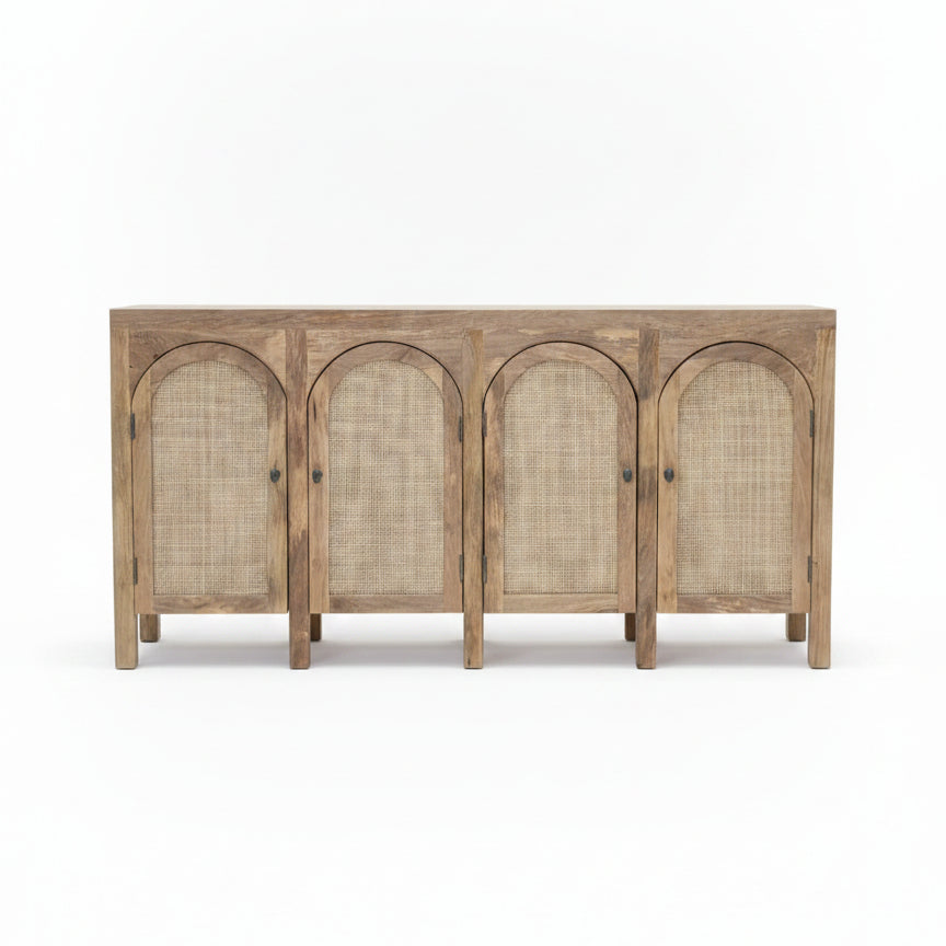 Wooden sideboard with four doors featuring woven rattan cane panels and a natural finish, showcasing authentic tribal handicraft decor elements.