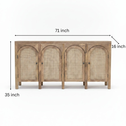 Wooden sideboard with four doors featuring woven rattan cane panels and a natural finish, showcasing authentic tribal handicraft decor elements.
