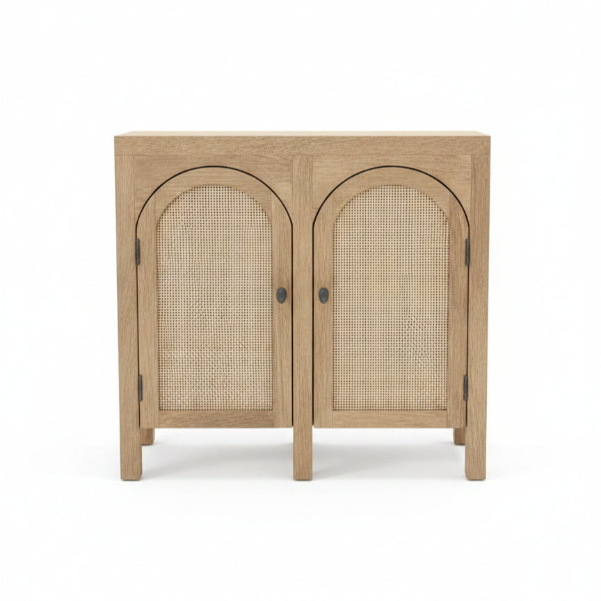 Wooden sideboard with two arched cane doors showcasing handcrafted tribal-inspired design, perfect as a stylish and durable décor accent.