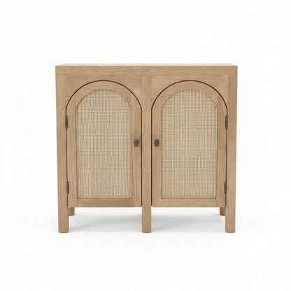 Wooden sideboard with two arched cane doors showcasing handcrafted tribal-inspired design, perfect as a stylish and durable décor accent.